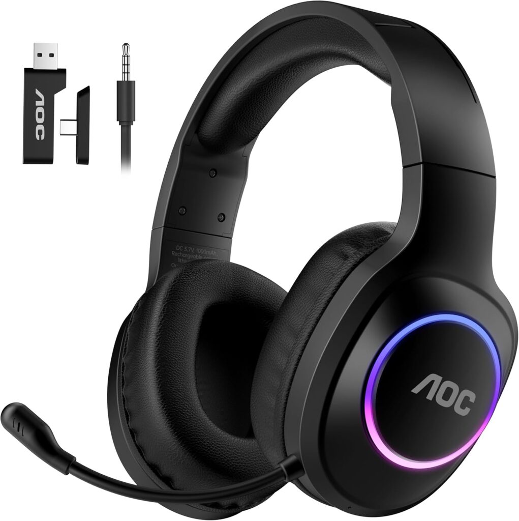 AOC Wireless Gaming Headset – 7.1 Surround Sound, Dual-Mode 2.4GHz & Bluetooth 5.4, Noise-Canceling Mic, 45H Battery, Ultra-Low 20ms Latency – Compatible with PS5/PS4, Nintendo Switch, PC – RGB & Fast Charging