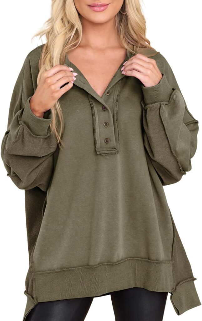 AlvaQ Sweatshirt for Women Oversized Casual Long Sleeve Button Henley Neck Pullover Tunic Tops Fall Fashion Outfits