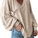 BTFBM Womens Fall Fashion 2025 Long Sleeve Shirts Casual V Neck Ribbed Knit Blouses Pullover Trendy Loose Fit Tunic Tops