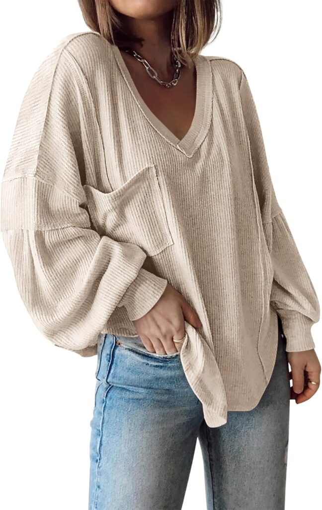 BTFBM Womens Fall Fashion 2025 Long Sleeve Shirts Casual V Neck Ribbed Knit Blouses Pullover Trendy Loose Fit Tunic Tops