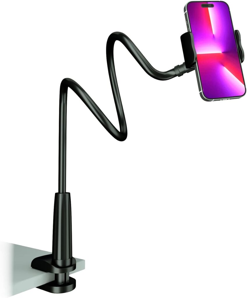 Cell Phone Clip Bed Stand Holder, with Grip Flexible Long Arm Gooseneck Bracket Mount Clamp for Desk, Compatible with iPhone 14 Pro Max XR X 8 7 6 or Other 3.5-7″ Devices (Black)