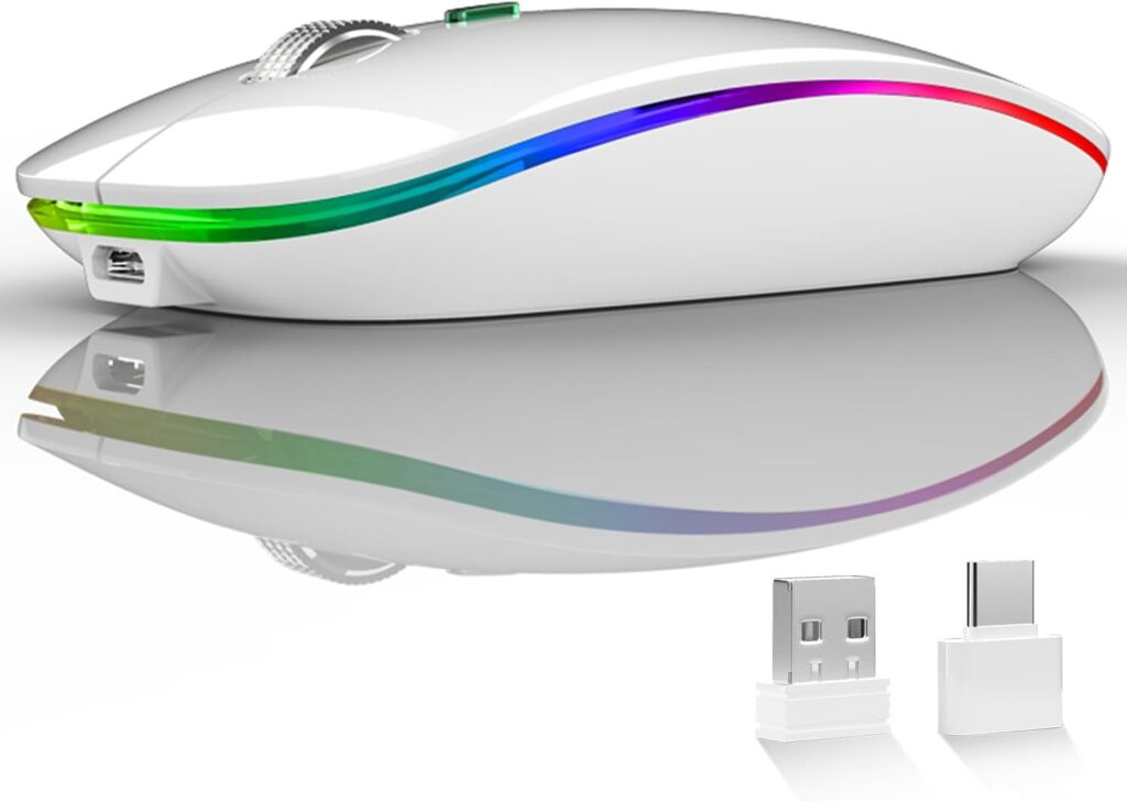 Uiosmuph LED Wireless Silent Mouse, G12 Slim Rechargeable, 2.4G Portable USB Optical Wireless Computer Mice with USB Receiver and Type C Adapter (White)