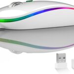 Uiosmuph LED Wireless Silent Mouse, G12 Slim Rechargeable, 2.4G Portable USB Optical Wireless Computer Mice with USB Receiver and Type C Adapter (White)