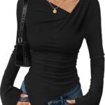 ZESICA Women’s Long Bell Sleeve Shirts 2025 Fall Going Out Asymmetrical Crop Tops Slim Fit Ribbed Ruched Y2K Clothes