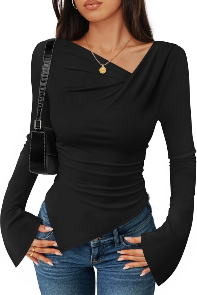 ZESICA Women’s Long Bell Sleeve Shirts 2025 Fall Going Out Asymmetrical Crop Tops Slim Fit Ribbed Ruched Y2K Clothes