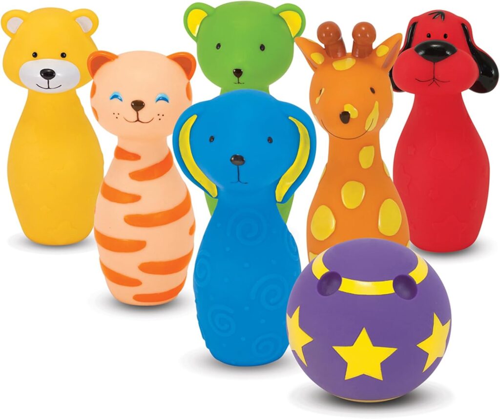 Melissa & Doug K’s Kids Bowling Friends Play Set and Game with 6 Pins and Convenient Carrying Case – Indoor Outdoor Bowling Set, Soft Plastic Animal Bowling Pins, Toddler Bowling for Ages 2+