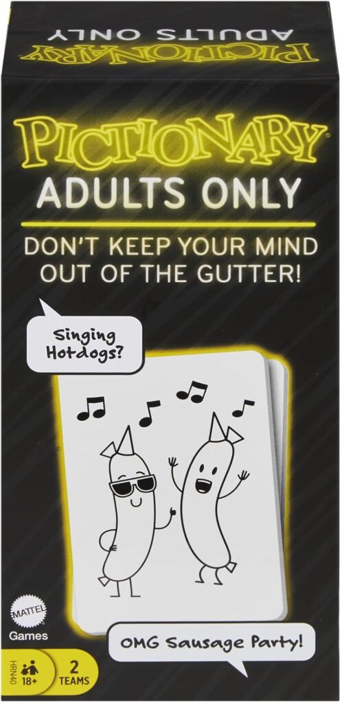 Mattel Games Pictionary Adults Only Party Drawing Game with Silly Sketches & NSFW Clue Cards, Boards, Markers & Sand Timer