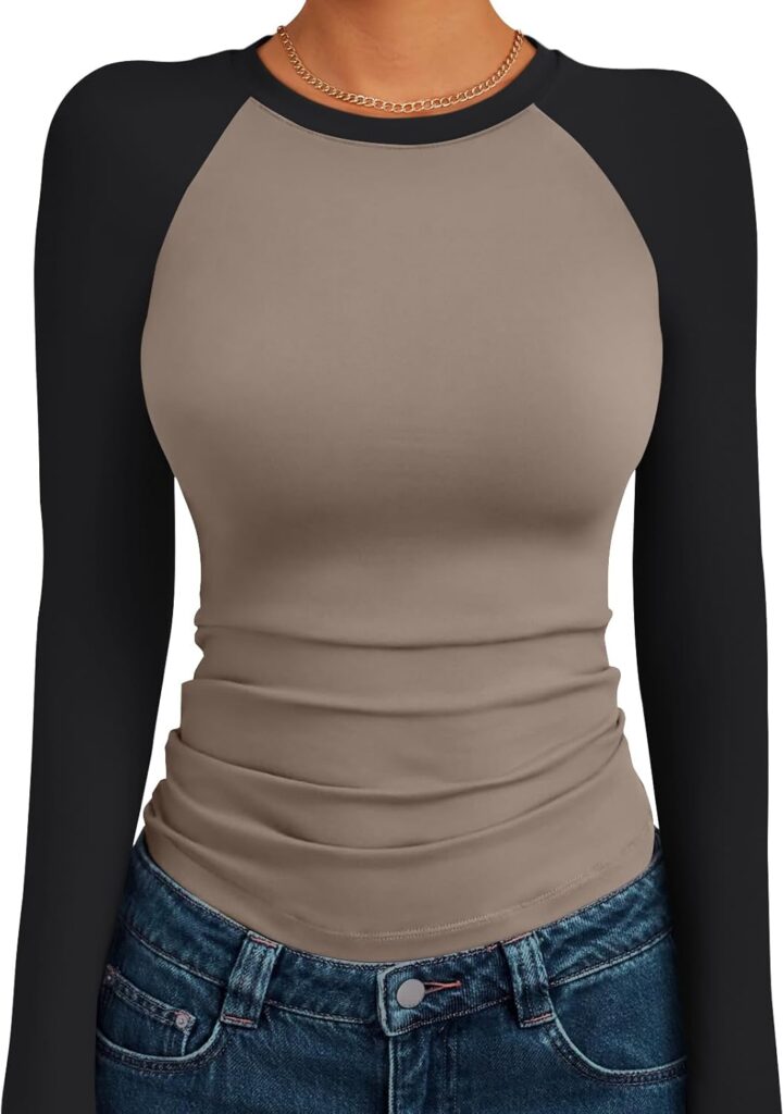 Trendy Queen Women’s Long Sleeve Shirts Slim Fit Stretchy Color Block Slightly Cropped Tops