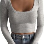 Artfish Women’s Square Neck Long Sleeve Ribbed Slim Fitted Casual Basic Crop Top