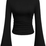 PRETTYGARDEN Women’s Long Sleeve Shirts 2025 Fall Crop Going Out Tops Casual Boat Neck Bell Sleeve Ribbed Ruched Y2K Clothes