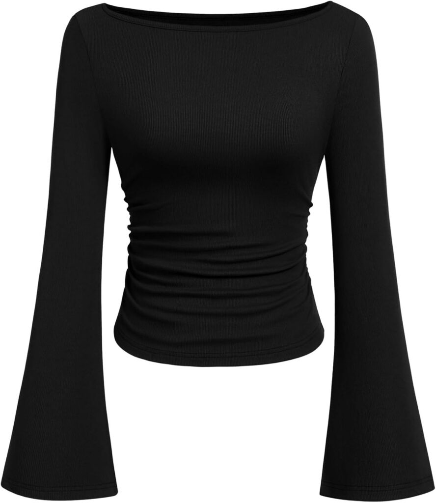 PRETTYGARDEN Women’s Long Sleeve Shirts 2025 Fall Crop Going Out Tops Casual Boat Neck Bell Sleeve Ribbed Ruched Y2K Clothes
