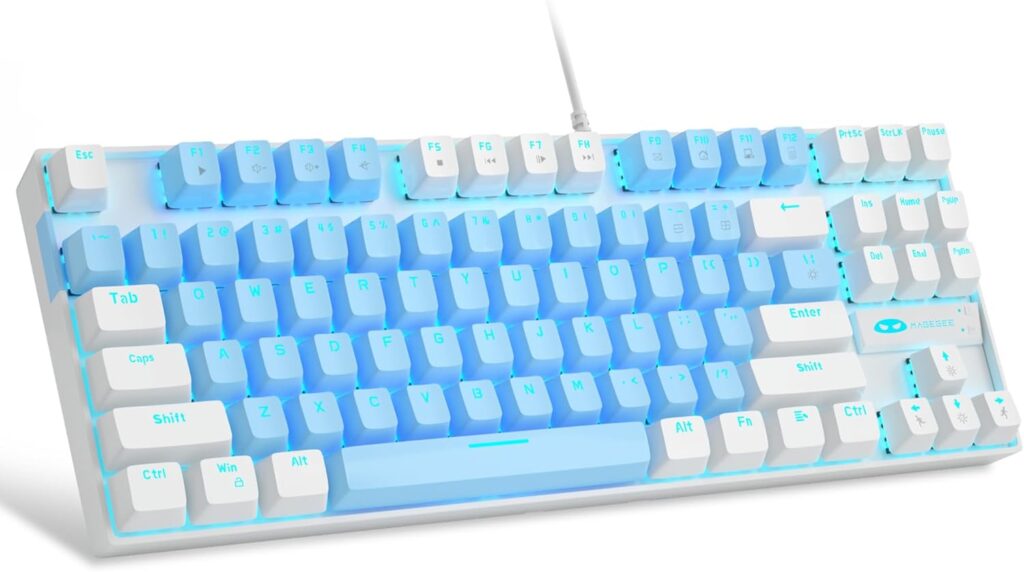MageGee 75% Mechanical Gaming Keyboard, Blue Switch, LED Blue Backlit, 87 Keys Compact TKL Wired Keyboards for Windows Laptop PC Gamer – Blue/White