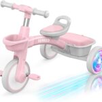 SEREED Colorful Lighting Toddler Tricycle for 2-5 Years Old Girls, Adjustable Seat&Handlebar Trike, Removable Basket, Birthday Gift Idea for Kids Ages 2+ (Pink)