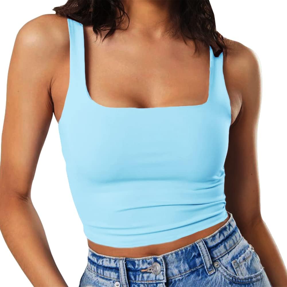 Artfish Women’s Sleeveless Strappy Tank Square Neck Double Layer Workout Fitness Casual Basic Crop Tops