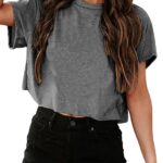 Tankaneo Women Short Sleeve Cropped T-Shirts Crew Neck Loose Crop Tops Summer Casual Drop Shoulder Basic Tees