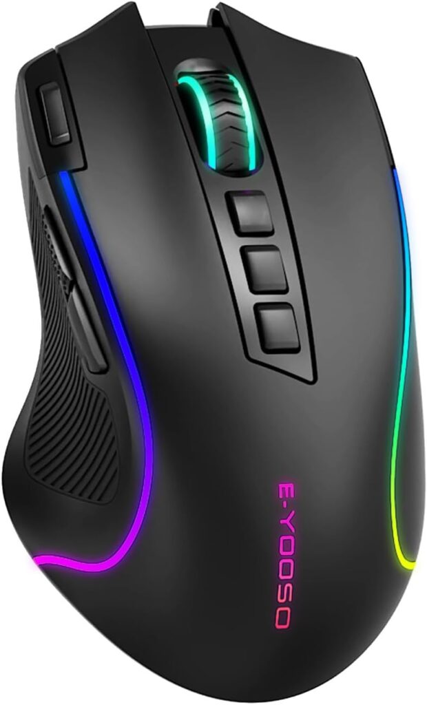 E-YOOSO Gaming Mouse, Tri-Modes Wireless/Bluetooth/Wired Rechargeable RGB Gamer Mouse with 2 Side Buttons, Rapid Fire Key, 8000 DPI, 6 Backlit Modes, 9 Programmable Buttons Macro