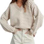 UNCLECAT Women’s Striped Checkered Sweater 2025 V Neck Fall Sweaters Casual Knit Trendy Pullover Tops
