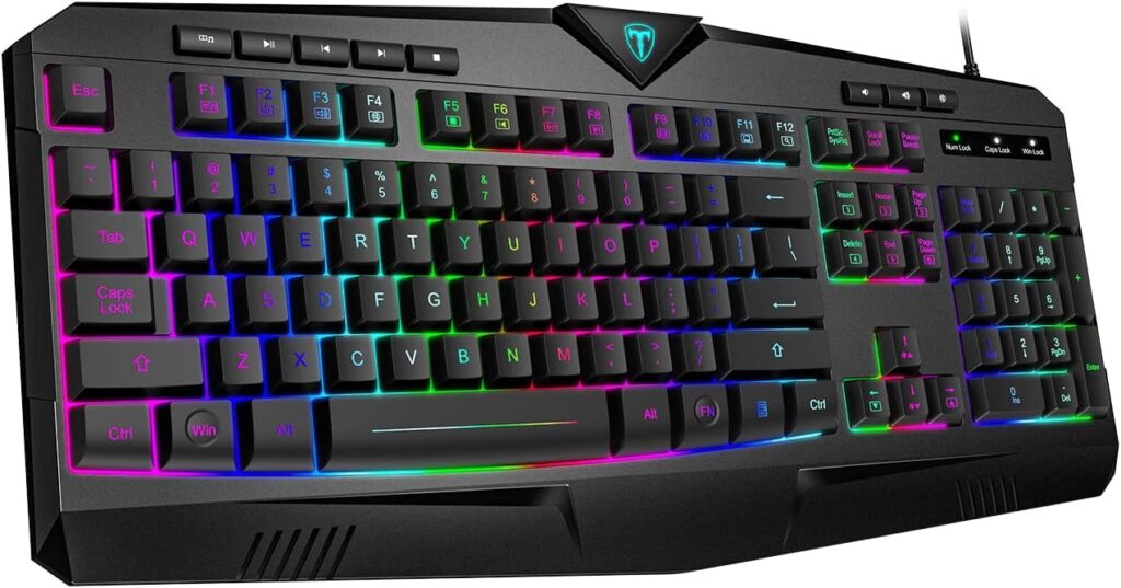 Gaming Keyboard, Full Size RGB Backlit Quiet Computer Keyboard, Wrist Rest, Silent Keys, Multimedia Keys, Anti-ghosting, Waterproof Light Up USB Wired Keyboard for PC Mac Xbox Gamer Office