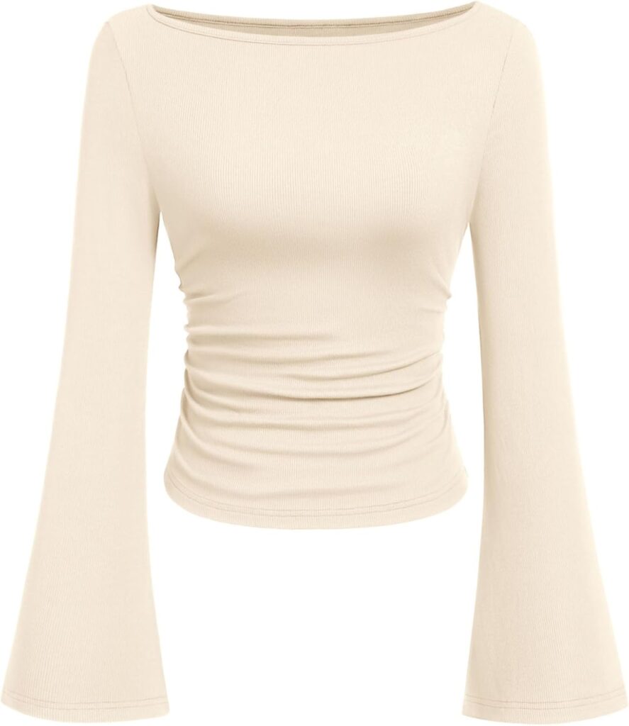 PRETTYGARDEN Women’s Long Sleeve Shirts 2025 Fall Crop Going Out Tops Casual Boat Neck Bell Sleeve Ribbed Ruched Y2K Clothes