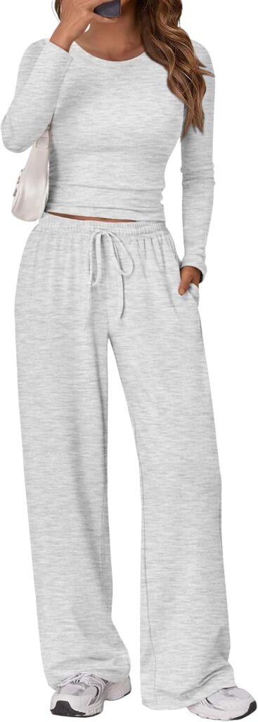 Trendy Queen Women’s 2 Piece Matching Lounge Set Long Sleeve Slightly Crop Top Wide Leg Pants Casual Sweatsuit