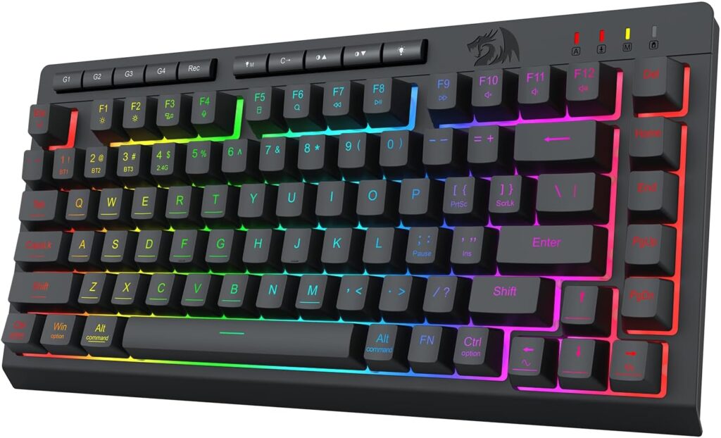 Redragon Portable Wireless Gaming Keyboard, Extra On-Board Macro Keys, Bluetooth/2.4GHz/USB-C, RGB Backlit, Anti-Ghosting, Rechargeable, Software Support, 75% Quiet Membrane Keyboard