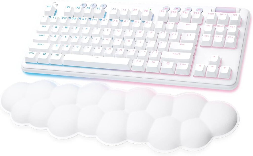 Logitech G715 Wireless Mechanical Gaming Keyboard with LIGHTSYNC RGB, LIGHTSPEED, Tactile Switches (GX Brown), and Keyboard Palm Rest, PC/Mac Compatible – White Mist