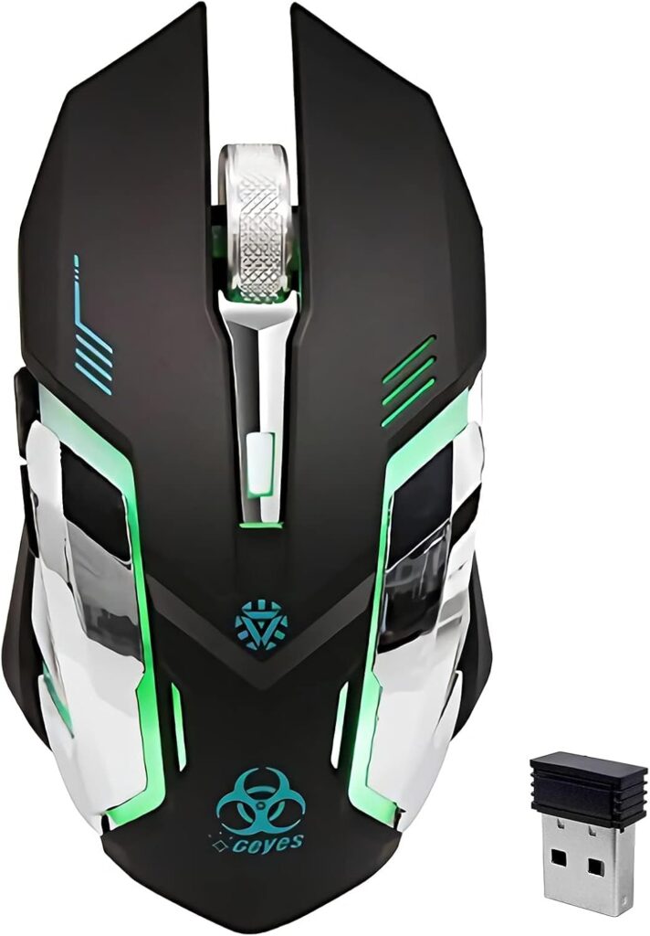VEGCOO Wireless Gaming Mouse, Silent Wireless Mouse, Rechargeable Computer Mice with Colorful RGB LED Lights and 3-Level-Adjustable DPI, 6 Buttons Mouse with Side Buttons for Laptop and Desktop