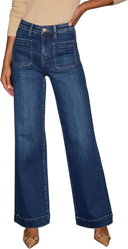 KUNMI Women’s Wide Leg Jeans High Waisted Straight Leg Stretchy Denim Pants with Pockets