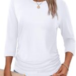 WIHOLL Womens 3/4 Length Sleeve Tops Crewneck Ruched Summer Shirts Business Casual Outfits Blouses Fall Fashion Clothes