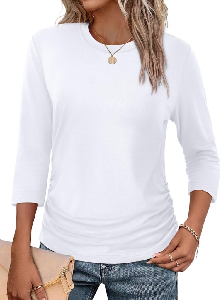 WIHOLL Womens 3/4 Length Sleeve Tops Crewneck Ruched Summer Shirts Business Casual Outfits Blouses Fall Fashion Clothes