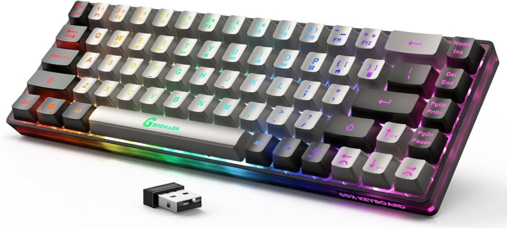 65% Wireless Gaming Keyboard, Rechargeable, LED Backlit, Plug-and-Play, Ultra-Compact Anti-ghosting No-Conflict Keyboard for PC Laptop Windows (Grey-Black)