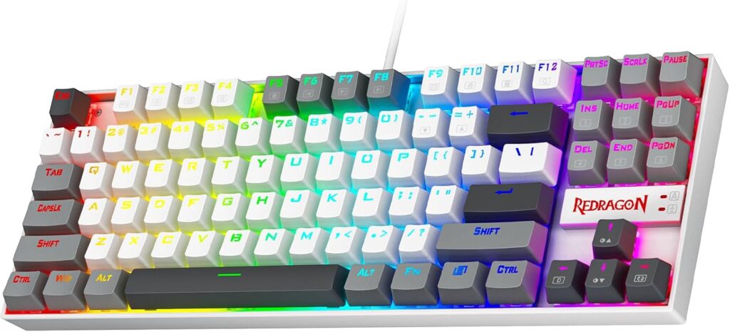 Redragon K552P Mechanical Gaming Keyboard TKL with 18 Backlight Modes, Hot-Swappable Red Switches, 87-Key Compact Ergonomic Design, N-Key Rollover & Software Programmable Macro – RGB, White Grey