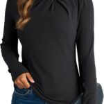 Dokotoo Womens Tops Business Casual Outfits Long Sleeve Shirts Mock Neck Twist Knot Slim Fit Soft Stretch Tees Blouses
