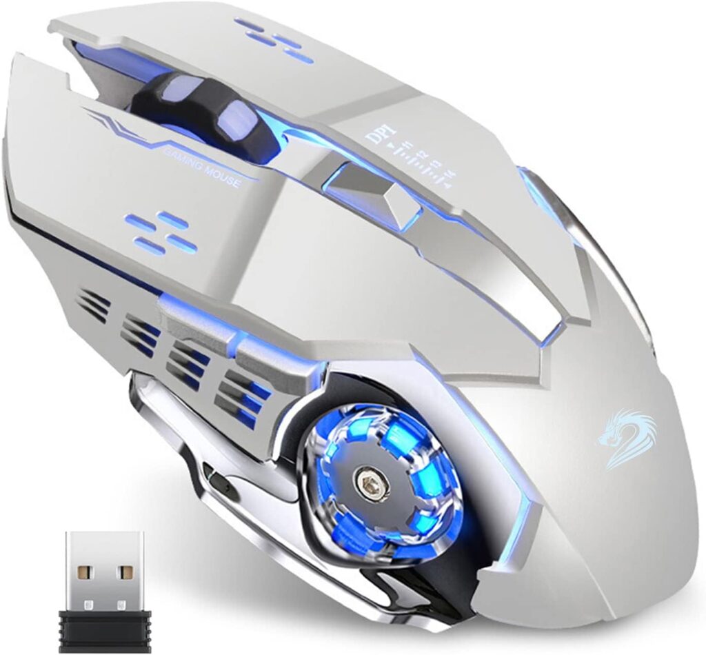 Uciefy Q85 Rechargeable Wireless Gaming Mouse, 2.4G LED Optical Silent Wireless Computer Mouse with 4 LED Light, 3 Adjustable DPI, Ergonomic Design, Auto Sleeping (Silver)