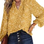 Dokotoo Women’s Casual V Neck Alicia Floral Print Smocked Long Sleeve Chiffon Blouses Bohemian Top Shirts