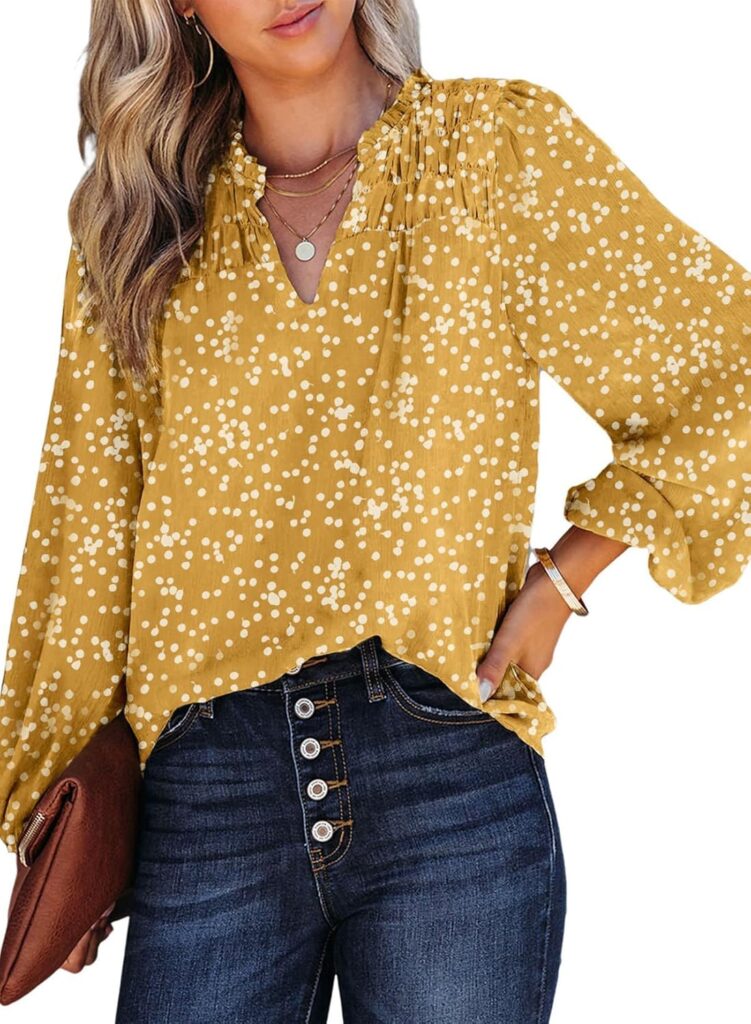 Dokotoo Women’s Casual V Neck Alicia Floral Print Smocked Long Sleeve Chiffon Blouses Bohemian Top Shirts