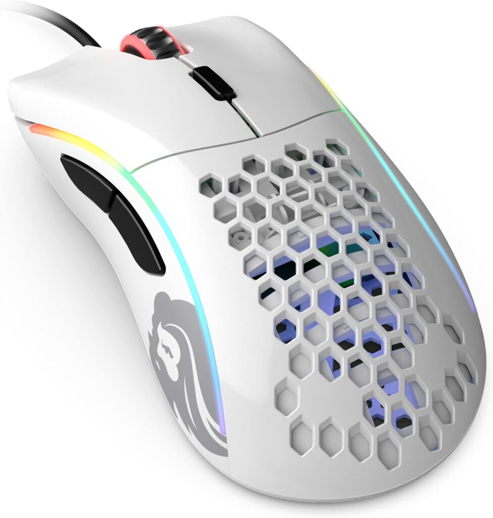 Glorious Model D Wired Gaming Mouse – 68g Superlight Honeycomb Design, RGB, Ergonomic, Pixart 3360 Sensor, Omron Switches, PTFE Feet, 6 Buttons – Glossy White