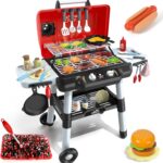 Kids Play Kitchen Toys, Kids BBQ Grill Playset with Smoke Sound Light, 2-Layer Barbecue Toy with Wheel, Outdoor Play Grill Toys for Toddlers 3-5, Play Food Toys Cooking Set, Birthday Gift for Boy Girl