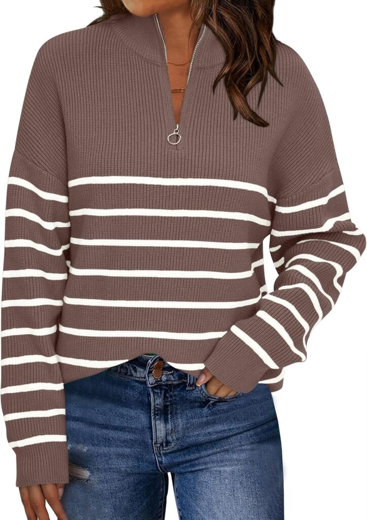 LILLUSORY Women’s Quarter Zip Striped Oversized Sweater 2025 Mock Turtleneck Fall Fashion Outfit