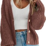 PRETTYGARDEN Women’s Chunky Knit Open Front Sweater Long Sleeve Button Loose Short Cardigan Outerwear Coats