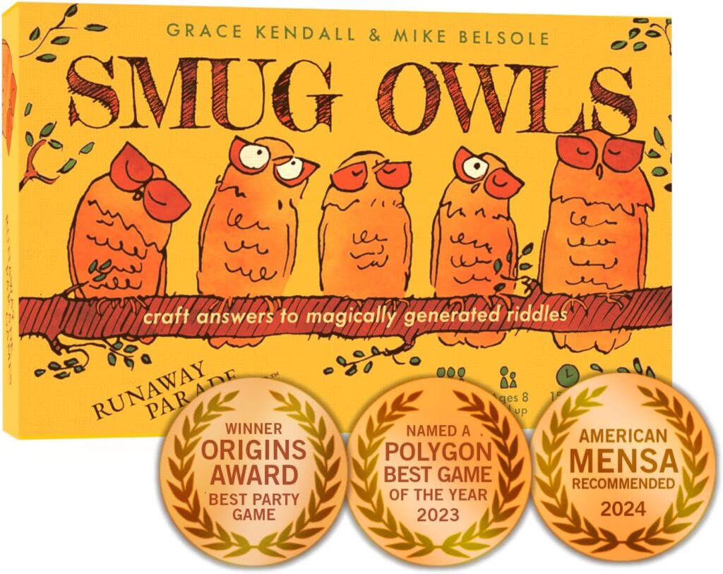 Runaway Parade Games Smug Owls Card Game – an Award-Winning Hilarious & Creative Riddle-Solving Party Game for Kids and Adults | Fun for The Whole Family | 8+ | 15-20 min | 3-15 Players