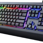 RisoPhy Gaming Keyboard, 104 Keys All-Metal Panel, Rainbow LED Backlit Silent Computer Keyboard, Wrist Rest, Multimedia Keys, Anti-Ghosting, Waterproof Light Up Wired Keyboard for PC Mac Gamer