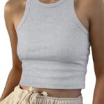 Artfish Women Casual Basic Sleeveless High Neck Rib-Knit Y2k Crop Tank Top