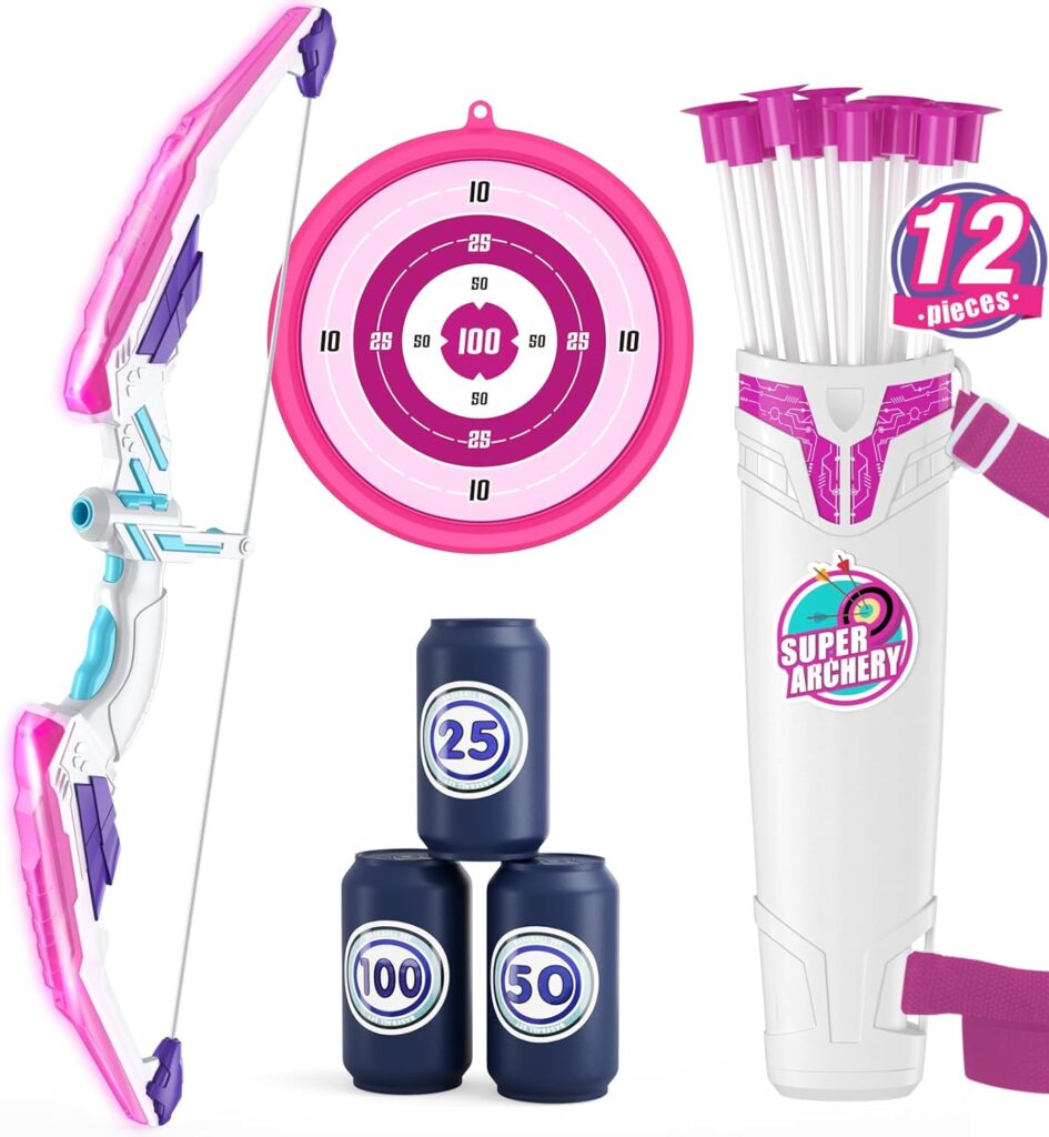 Bow and Arrow for Kids, LED Light Up Archery Set with 12 Suction Cup Arrows, 1 Hanging Target, 3 Score Targets & 1 Quiver, Indoor Outdoor Sport for Boys Girls Ages 4-12, Purple