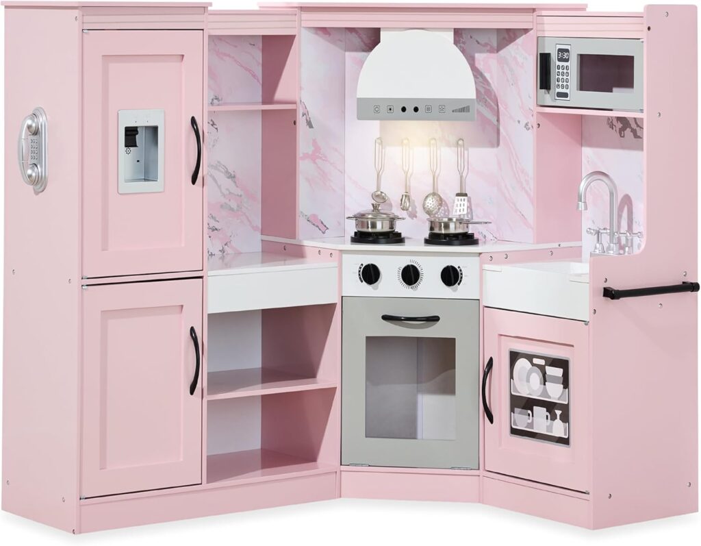 Best Choice Products Pretend Play Corner Kitchen, Ultimate Interactive Wooden Kids Playset w/Lights & Sounds, Ice Maker, Hood – Pink