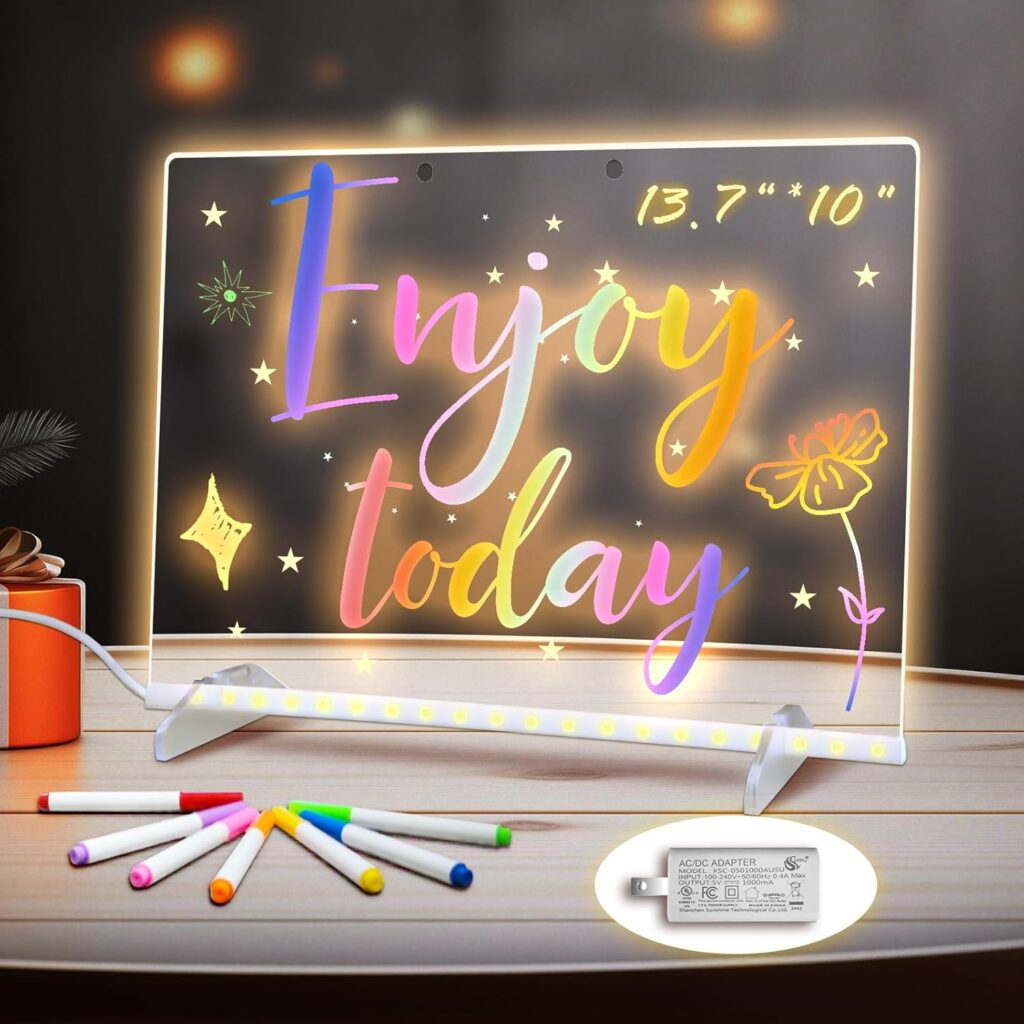 LED Note Board with Colors, 13.7″X10″ 4 Modes &7 Colors Acrylic Dry Erase Boards with Light, Include Adapter, Hanging Chain, Led Drawing Board for Kids with Stand,7 Markers, Spray Bottle