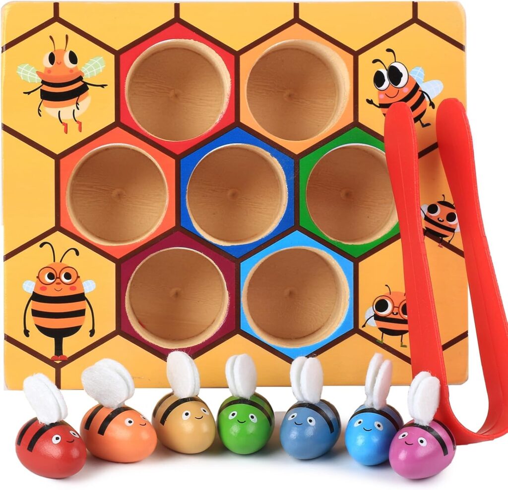 Toddler Fine Motor Skill Toy, Bee to Hive Matching Game, Montessori Wooden Color Sorting Matching Toy, Preschool Educational Learning Toys Gift for Toddler 2 3 Years Old
