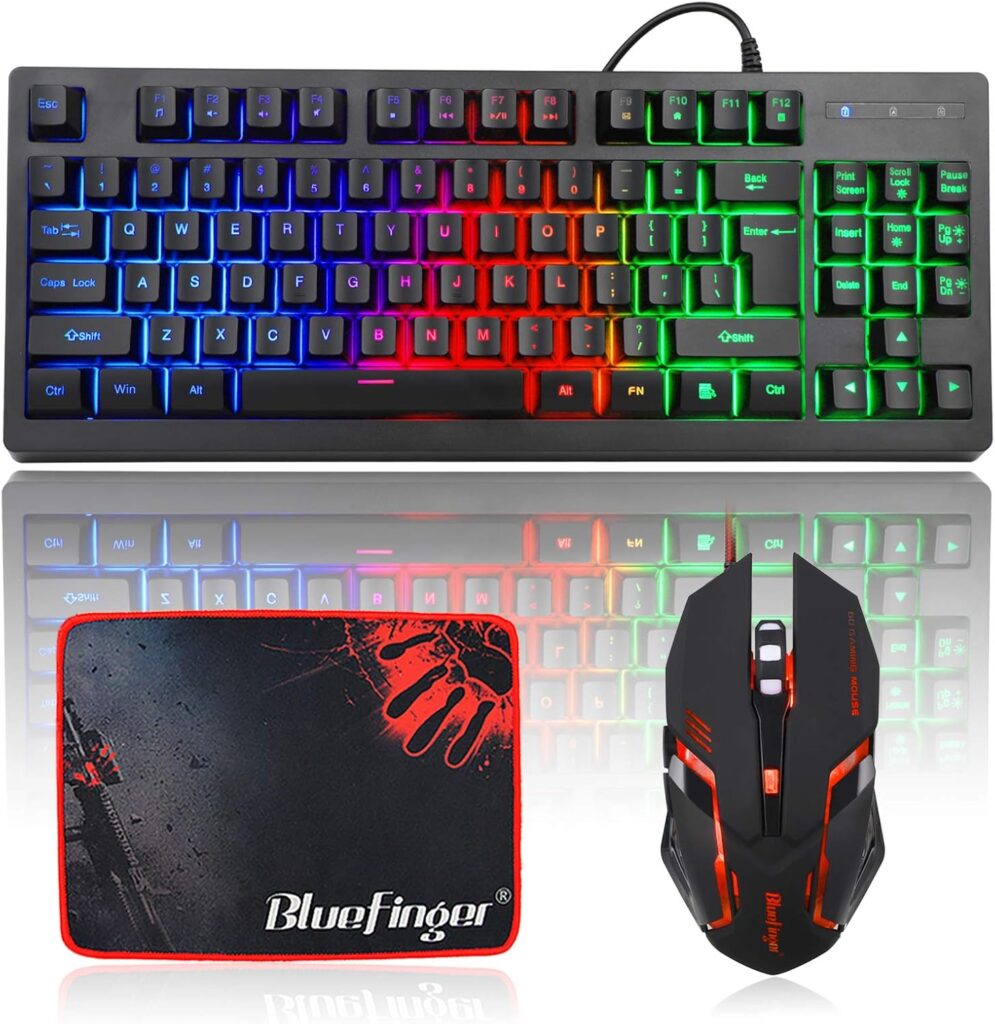 BlueFinger RGB 87 Keys Gaming Keyboard and Backlit Mouse Combo, USB Wired Rainbow Keyboard,Gaming Keyboard Set for Laptop PC Computer Game and Work