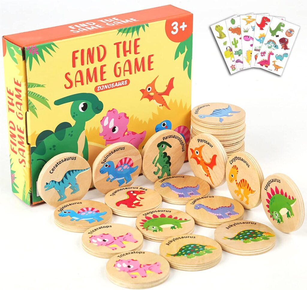 Wooden Match Memory Game for Kids, 24Pc Memory Matching Cards with 5Pc Tattoo Stickers, Educational Memory Matching Game for Pre-Kindergarten Early Learning Development Kids-Dinosaur