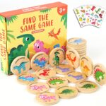Wooden Match Memory Game for Kids, 24Pc Memory Matching Cards with 5Pc Tattoo Stickers, Educational Memory Matching Game for Pre-Kindergarten Early Learning Development Kids-Dinosaur